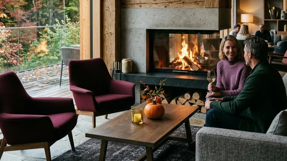 Paar mit Weinglas am Kamin in einer Hotel-Lounge mit Holzbalken, draußen Herbstwald (KI-generiert)