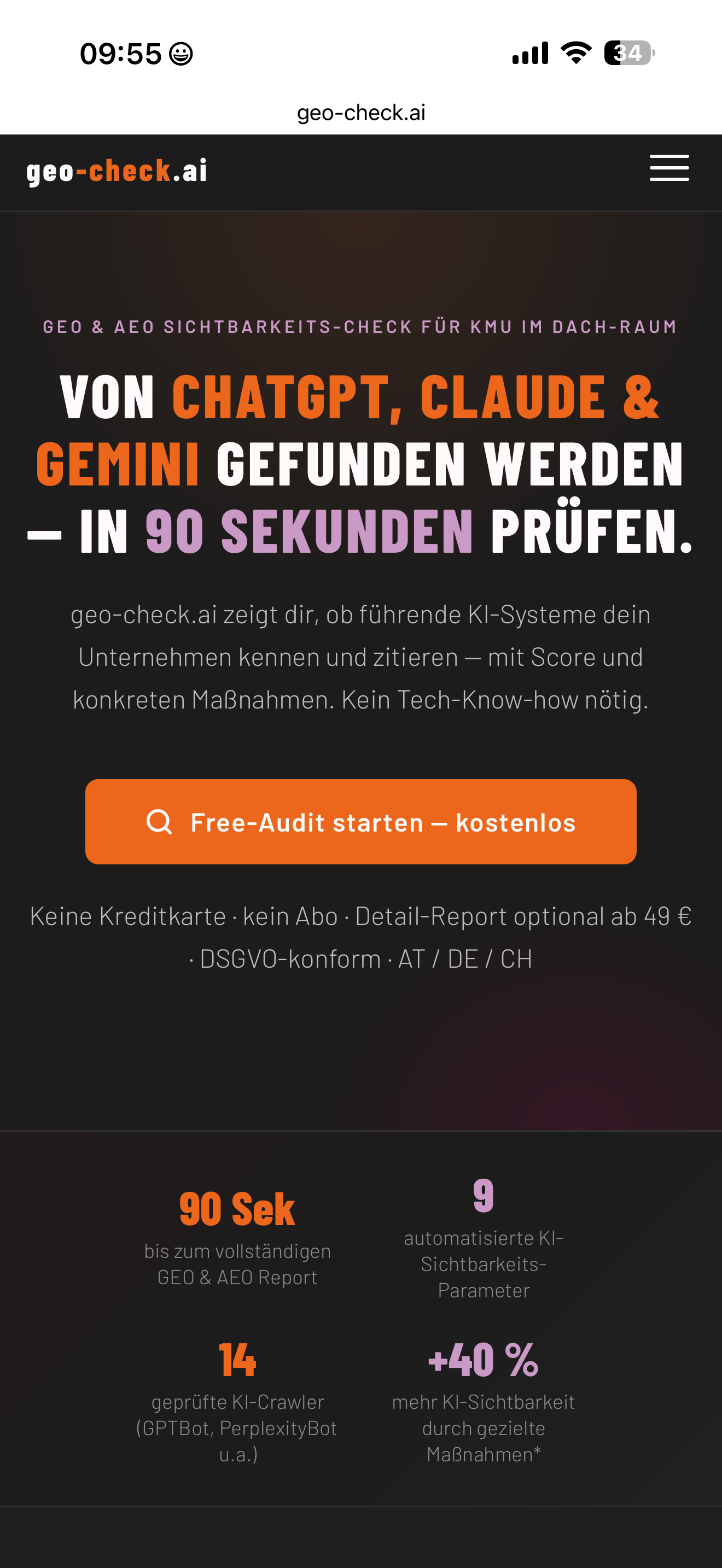 geo-check.ai – KI-Sichtbarkeits-Report auf dem Smartphone