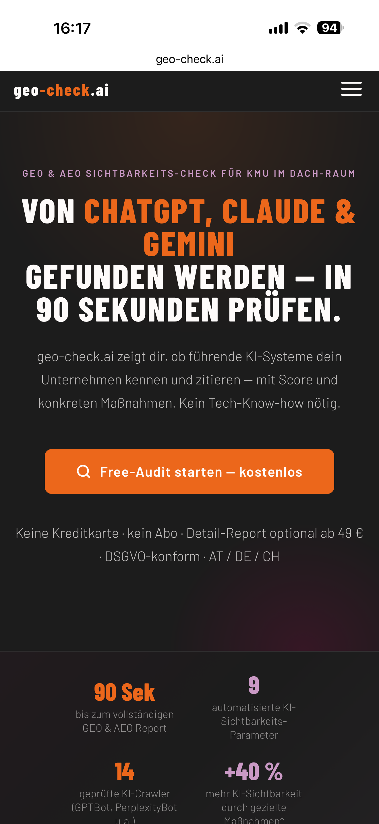 geo-check.ai – KI-Sichtbarkeits-Report auf dem Smartphone