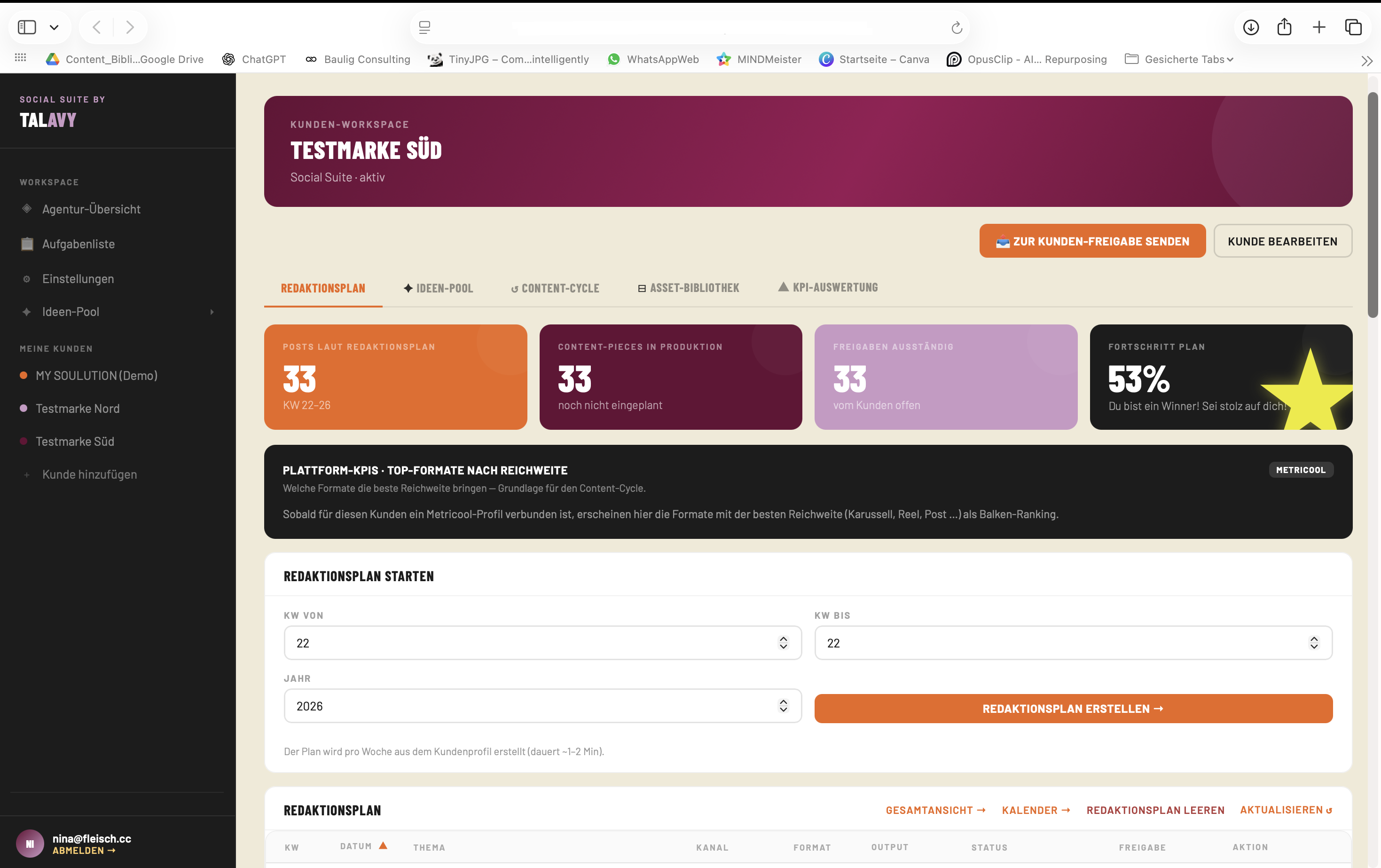 TALAVY Social Suite – Kundenansicht Testmarke Süd mit Redaktionsplan