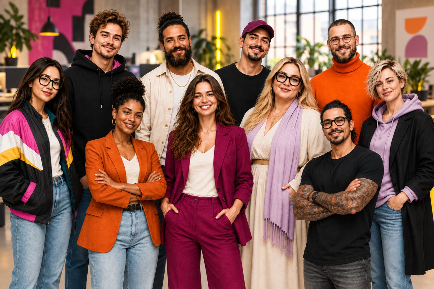 Die zehn KI-Agenten der TALAVY Social Suite als Team in einem hellen Büro (KI-generiert)