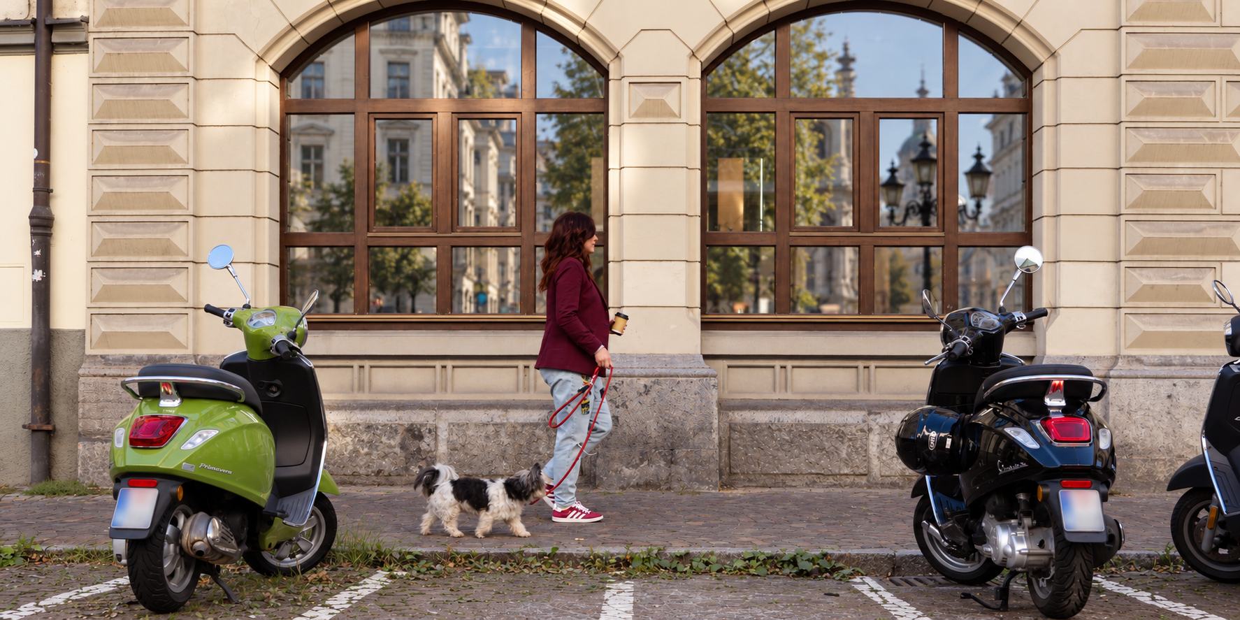 Nina Fleisch spaziert mit ihrem Hund Rio an einer Altstadtfassade vorbei, zwischen zwei Rollern mit TALAVY-Kennzeichen